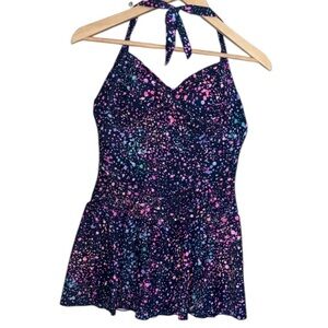Tempt me swimsuit splotch  Print Swim Dress halter adjustable lined NEW medium
